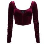 burgundy velvet long sleeve crop top for women