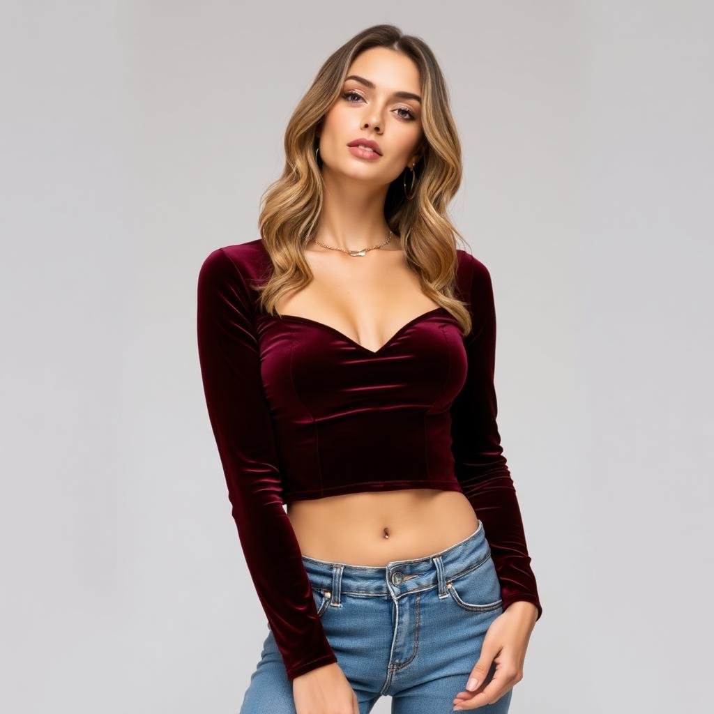 Fashion Velvet Long Sleeve Crop Top