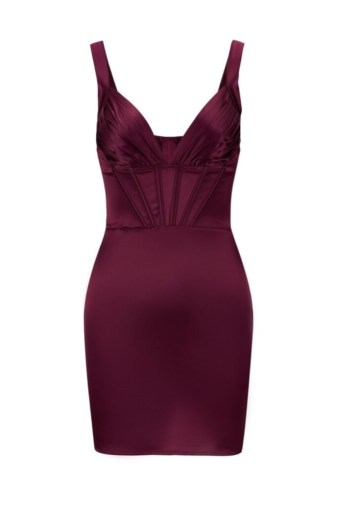 burgundy satin evening dress front view