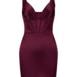 women’s burgundy satin evening dress on model