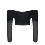 Elegant off-shoulder black mesh crop top with sheer sleeves