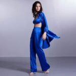 Blue satin three-piece outfit for women