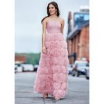 Elegant pink rosette evening gown front view