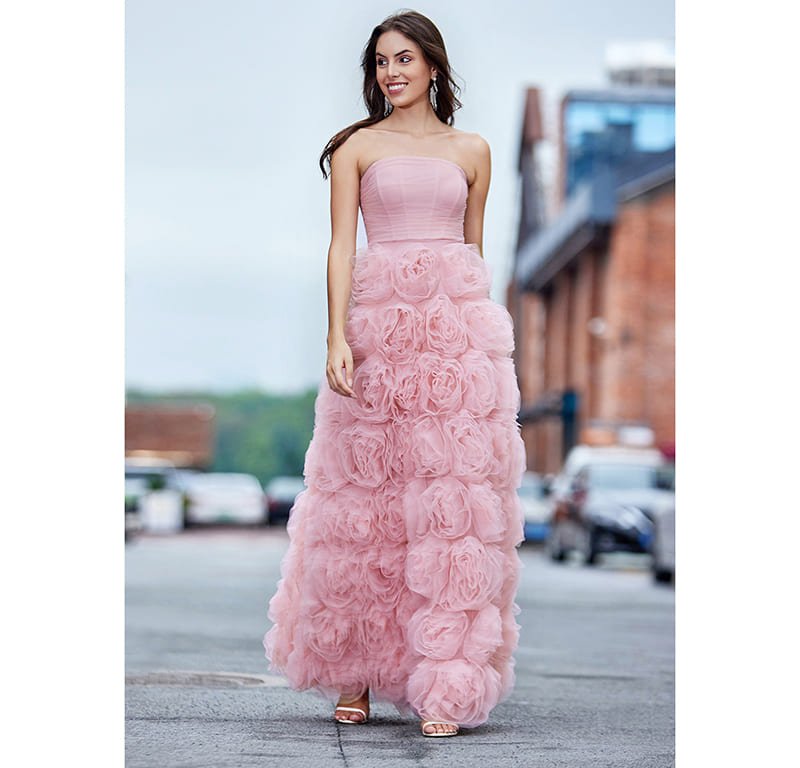 Elegant pink rosette evening gown front view