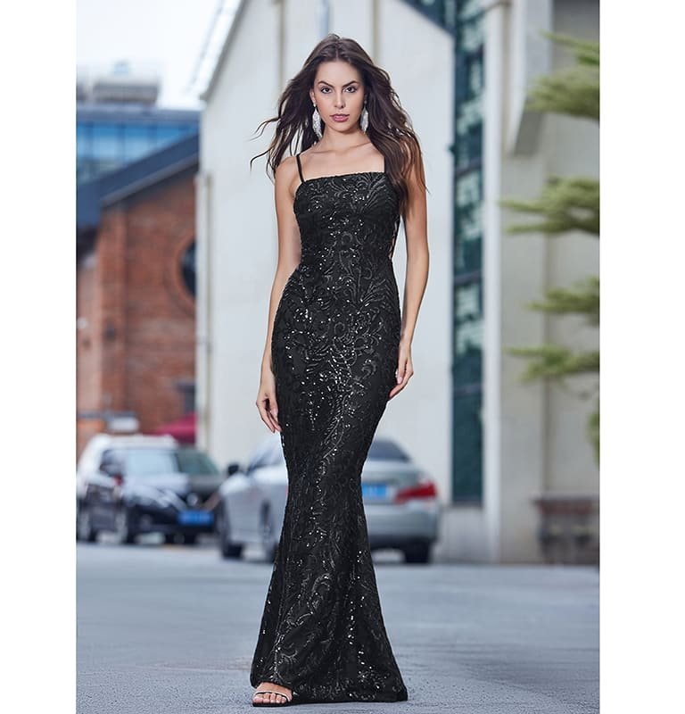 Elegant long evening dress in black with sequin details - back view