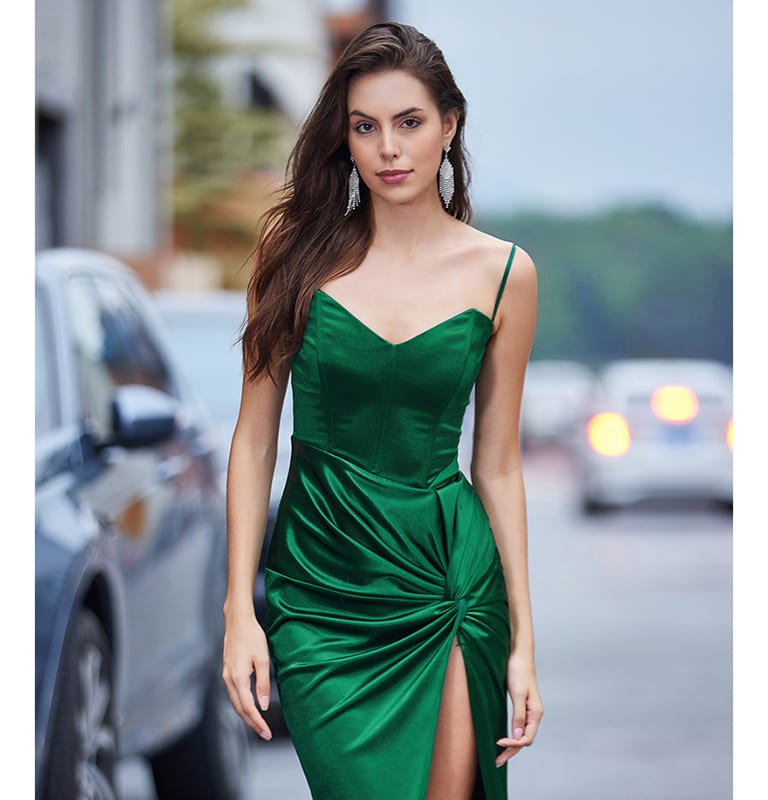 Emerald green satin dress for women full length gown