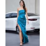 Elegant teal satin evening dress with side slit – dresses collection
