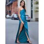 Stylish satin dresses for women – outdoor photo shoot in blue dress