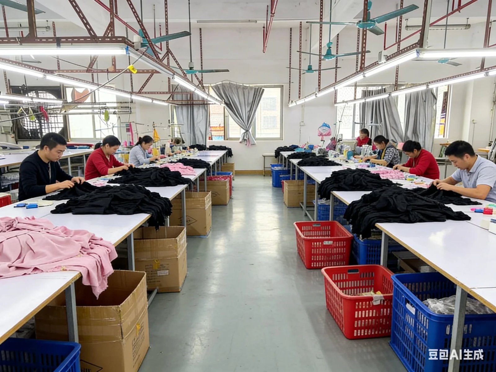 Garment sewing workshop, workers, machines