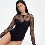 Elegant Sheer Lace Long Sleeve Bodysuit - Lace Fabric Detail