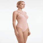 custom one piece swimsuit manufacturer pink cross strap front view