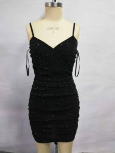 Sparkly black ruched cami bodycon dress mannequin shot