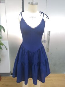Dark blue lace trim tiered spaghetti strap sundress
