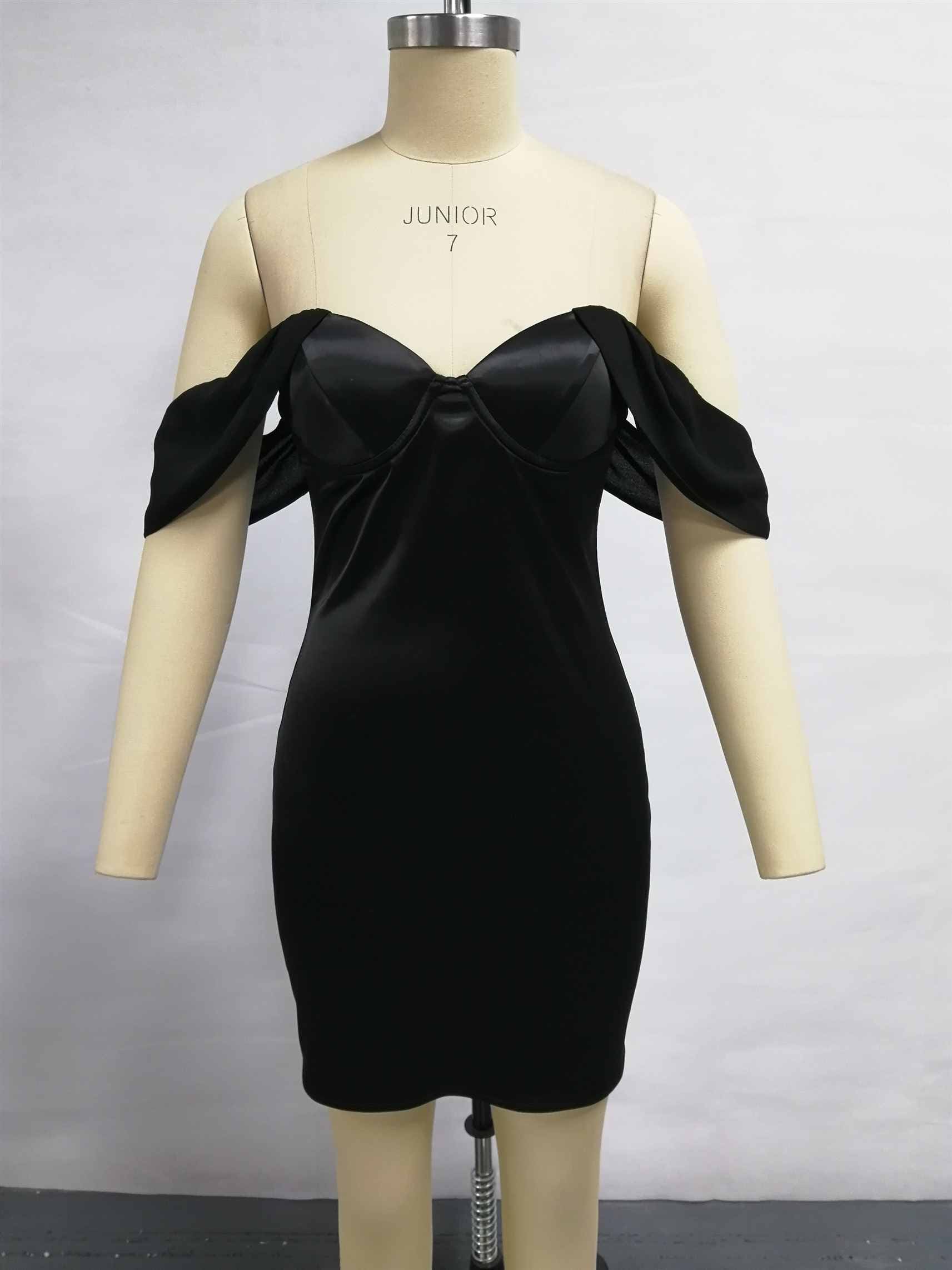 Black off-shoulder satin bustier mini dress on mannequin