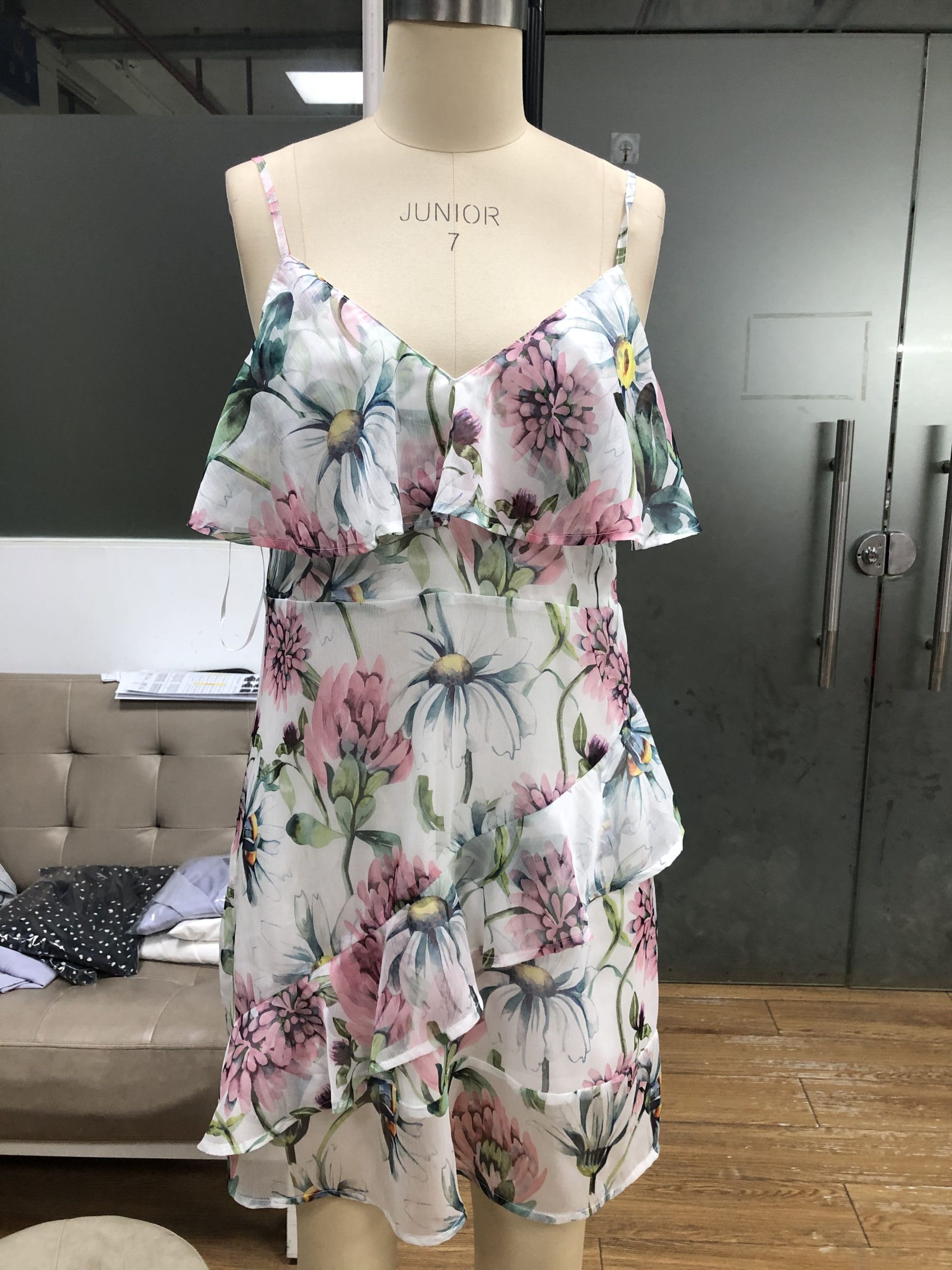 Large daisy floral V-neck asymmetrical ruffle cami dress