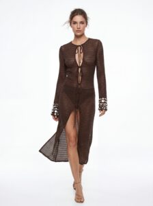Sheer Brown Knit Midi Dress with Front Slit