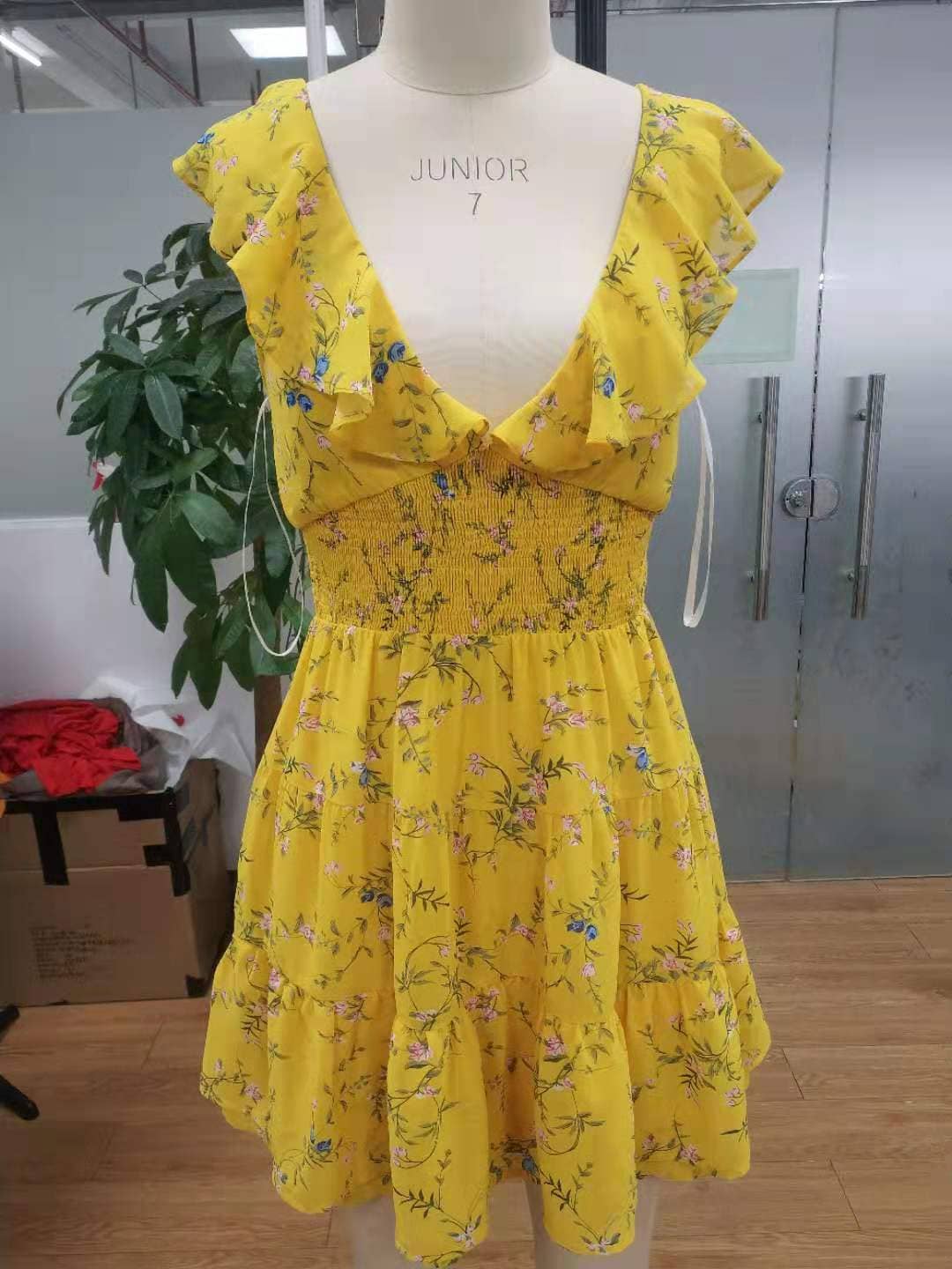 Bright yellow tiny floral V-neck ruffle cami mini dress