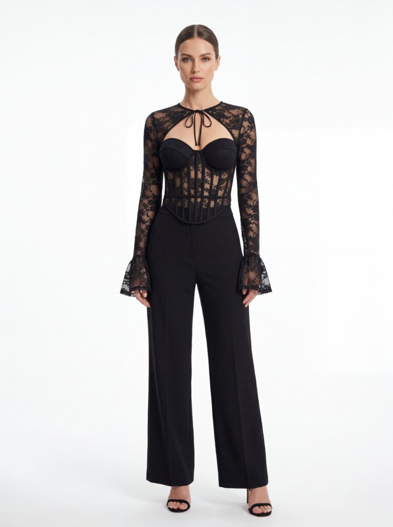 Front static shot of lace corset top matched with wide-leg black trousers