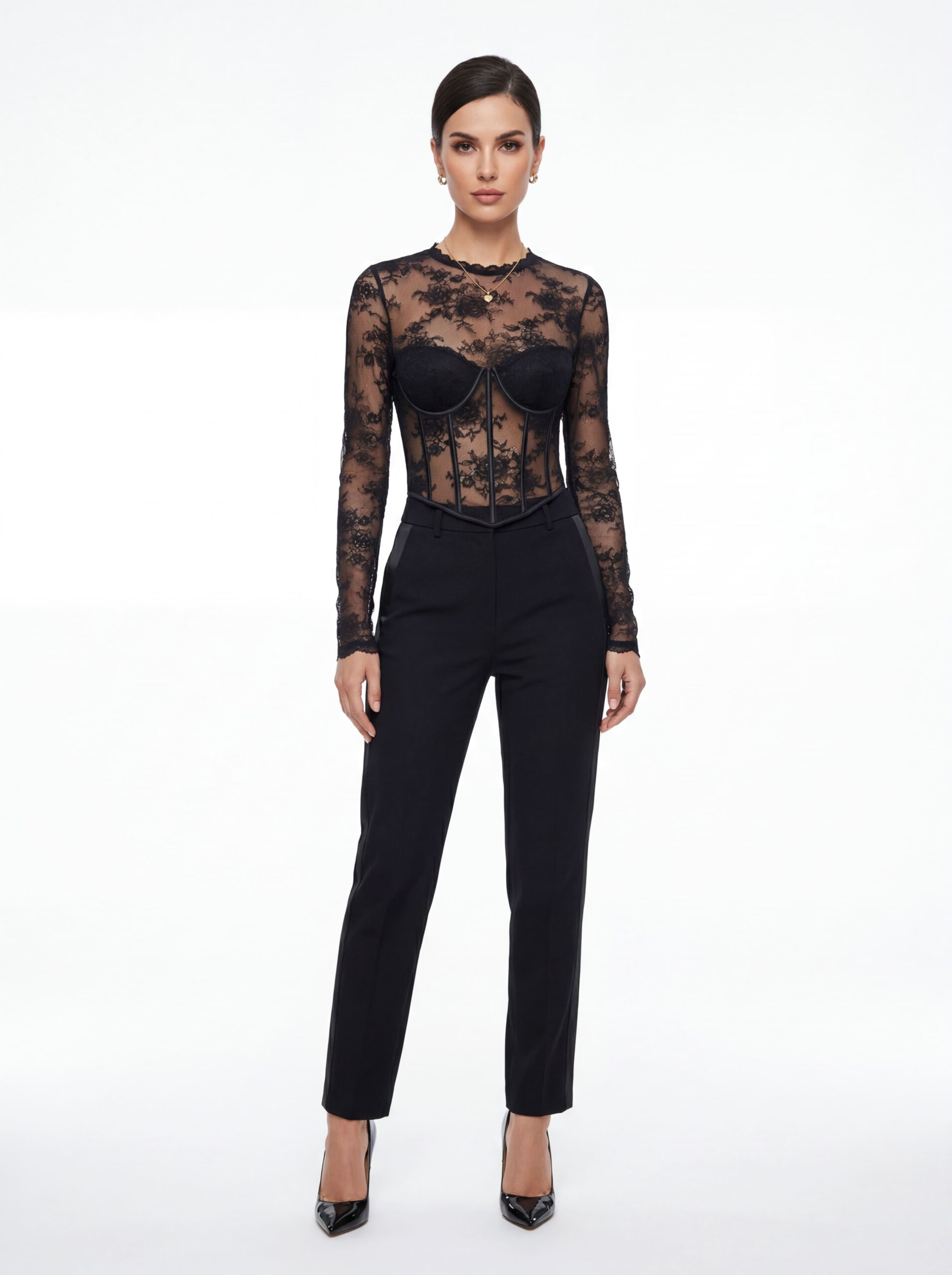 Straight front formal portrait of elegant long sleeve black lace corset top