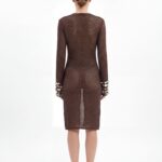Back shot of brown sheer knit bodycon midi dress on model