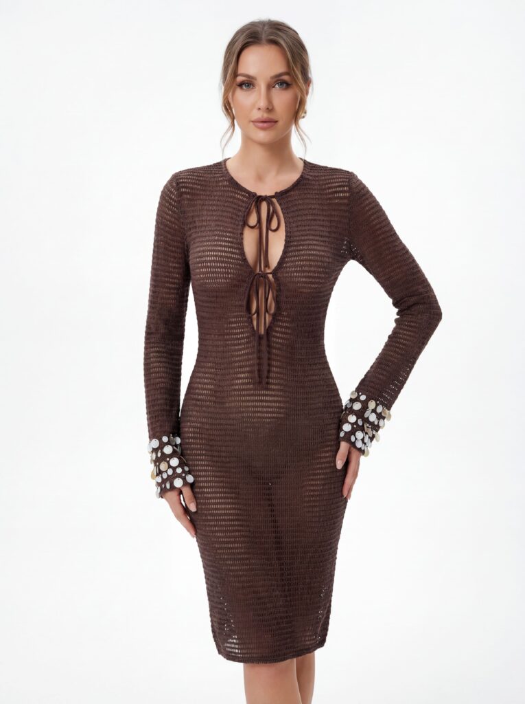 Front view of brown knit midi dress, model resting one hand on hip