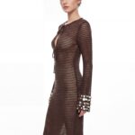 Side profile of brown tie-front sheer knit midi dress