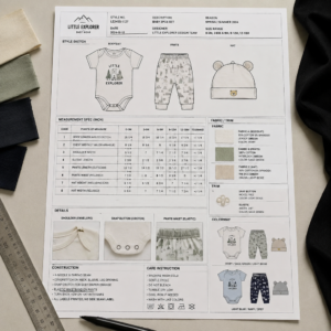 Infographic showing key measurement points on a dress with tolerance values, such as bust, waist, hip, and length.