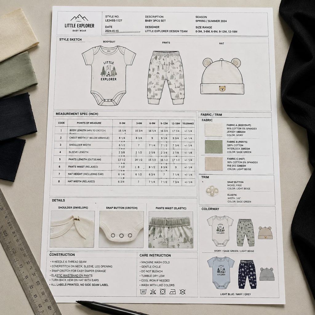 Infographic showing key measurement points on a dress with tolerance values, such as bust, waist, hip, and length.