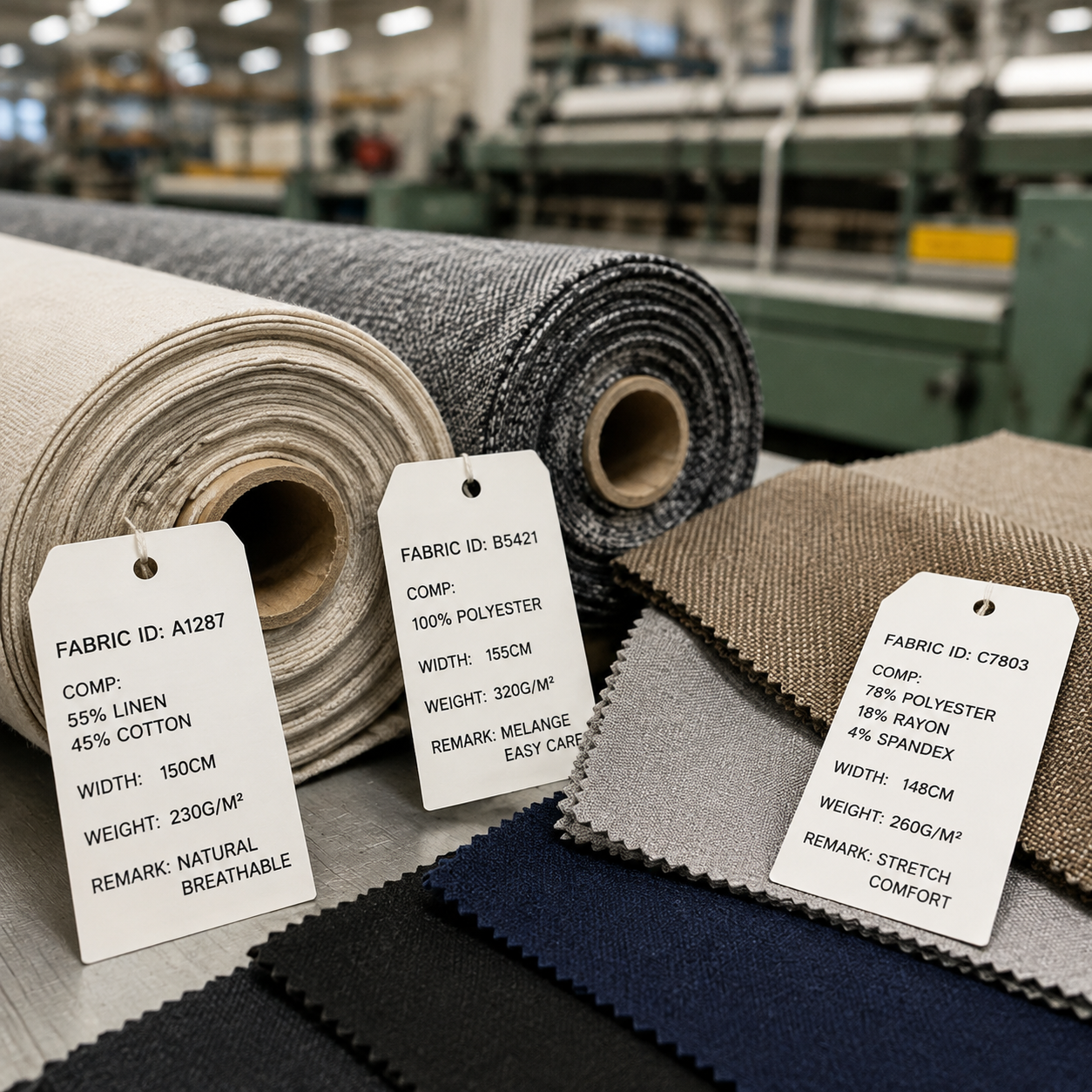 Chart comparing fabric types by weight and typical uses, including satin, crepe, tulle, cotton poplin, and stretch jersey.