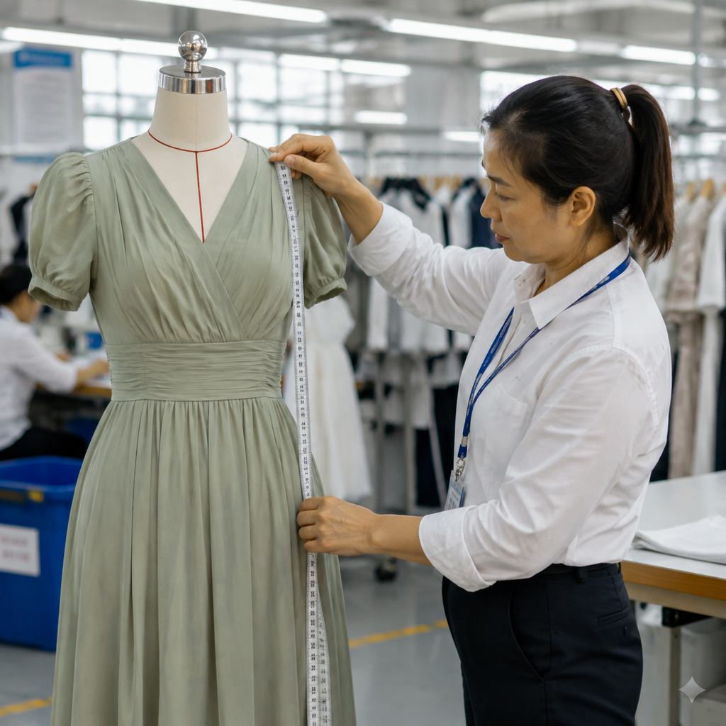 Diagram illustrating the AQL sampling process for dress inspection, showing sample sizes and defect categories.
