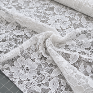 Infographic showing lace fabric specifications: fiber content, construction, stretch, and colorfastness with test standards.