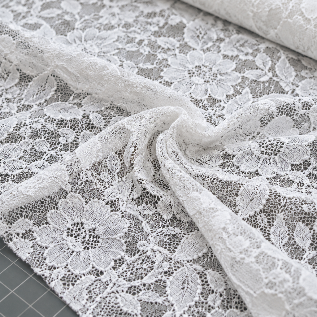 Infographic showing lace fabric specifications: fiber content, construction, stretch, and colorfastness with test standards.