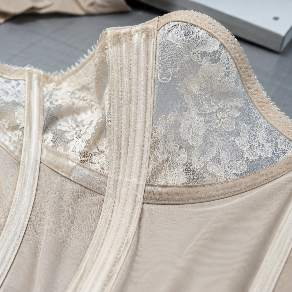 Diagram of a lace bustier with seam slippage test points and boning channel specifications.