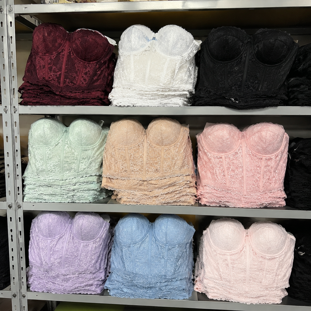 Timeline of a lace bustier order from tech pack to shipment, showing 45-60 day lead time.