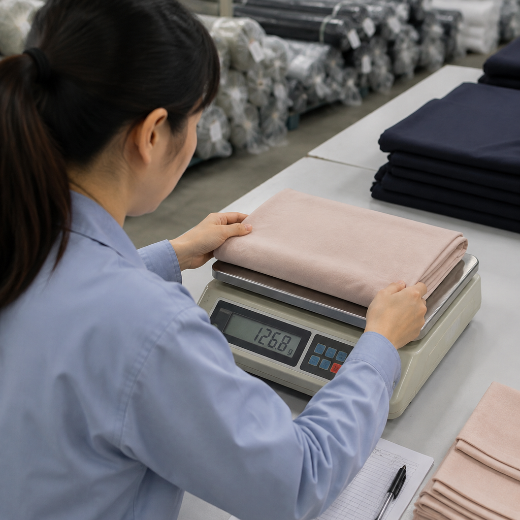 Illustration of fabric weight verification: cutting a 10 cm x 10 cm swatch and weighing it on a digital scale.
