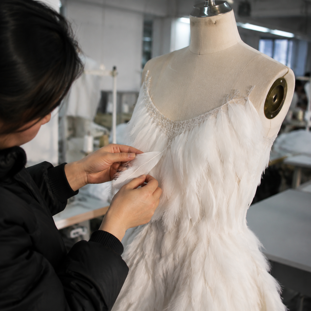 Diagram showing three feather attachment methods: gluing, stitching, and channeling.