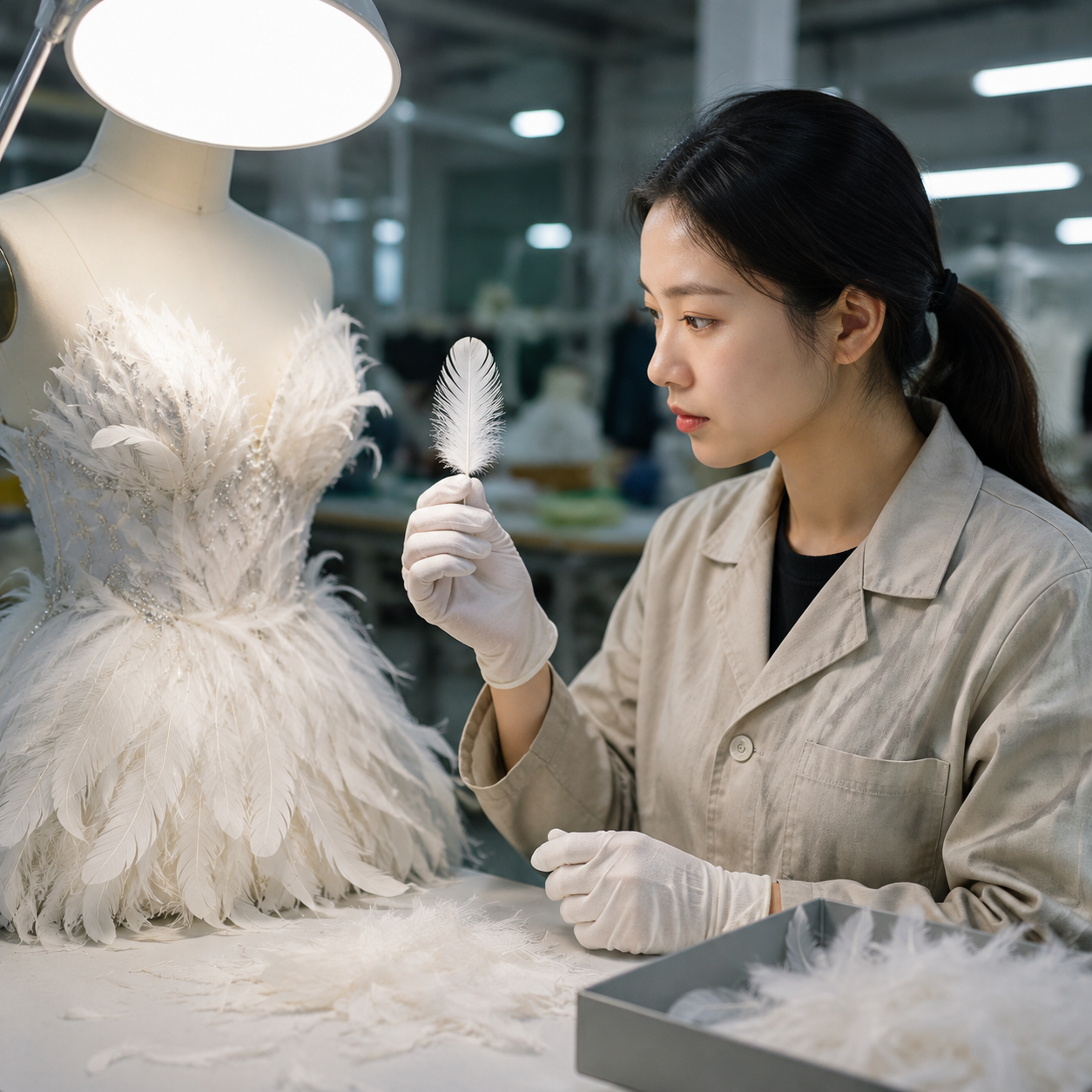 Chart illustrating AQL inspection points for feather dresses, including shedding test and color consistency check.