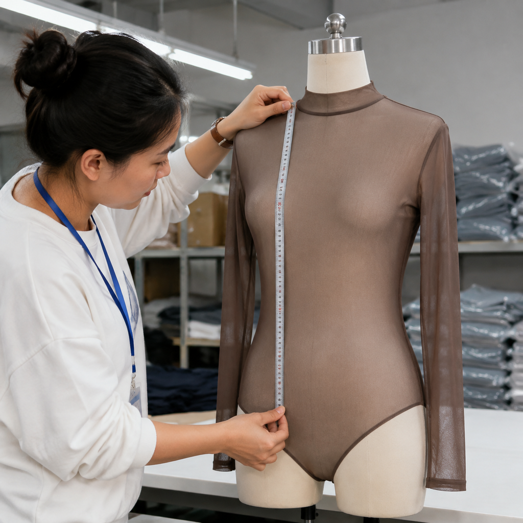 Infographic of the QC inspection process for sheer bodysuits, listing AQL levels and test methods (ASTM D434, AATCC 16.3).