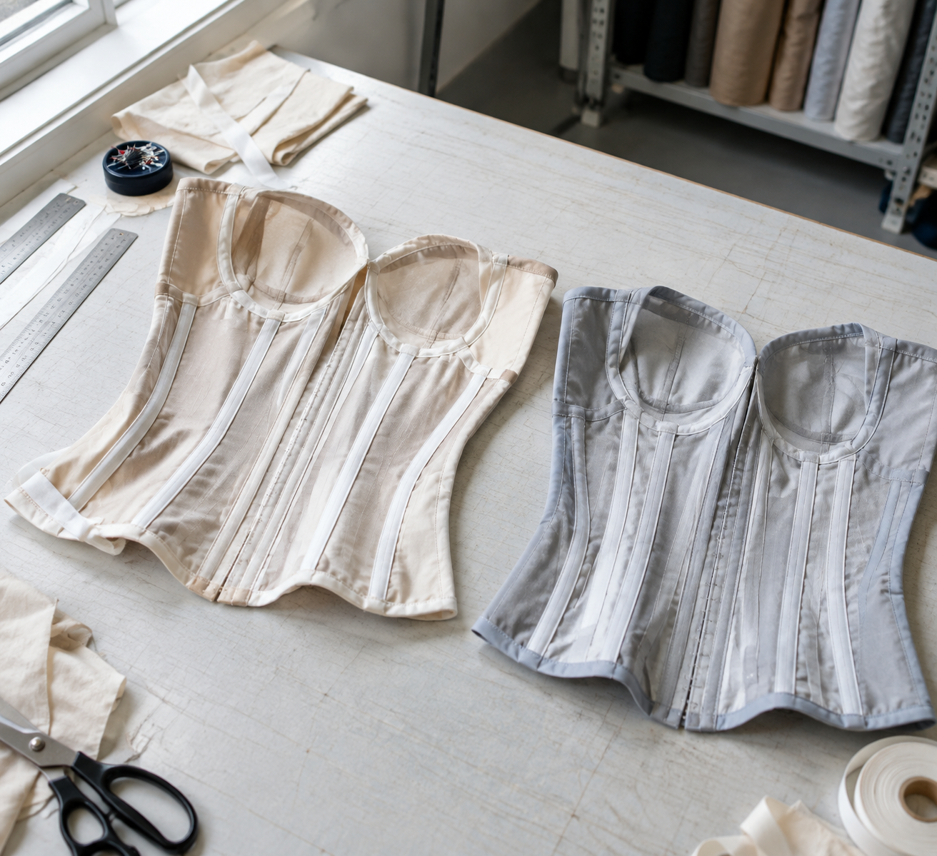 Side-by-side infographic comparing a bustier and a corset silhouette, with the 250 mm centre-front structurant height dimension annotated on each and the waist seam boundary marked to show where boning terminates in each family