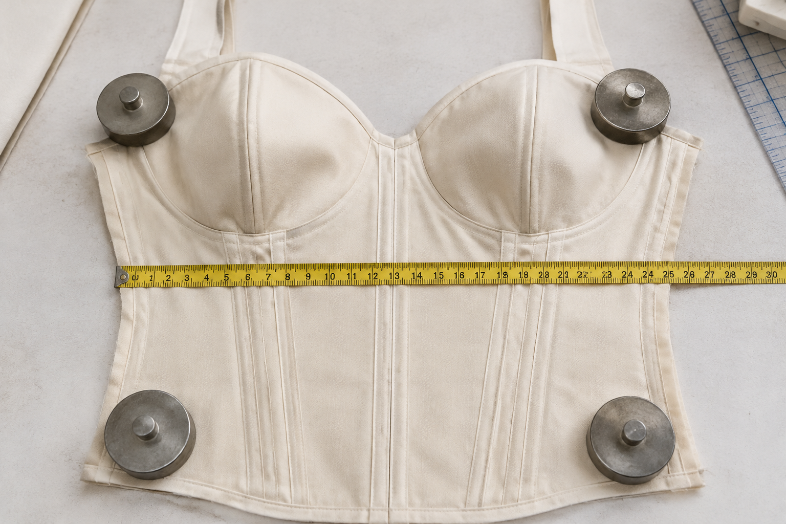 Technical flat diagram showing bone channel layouts for a bustier (6 channels, 4–6 mm width) and a corset (18 channels, 6–8 mm width), with pull-off test force values of 60 N and 100 N labelled against their respective channel ends