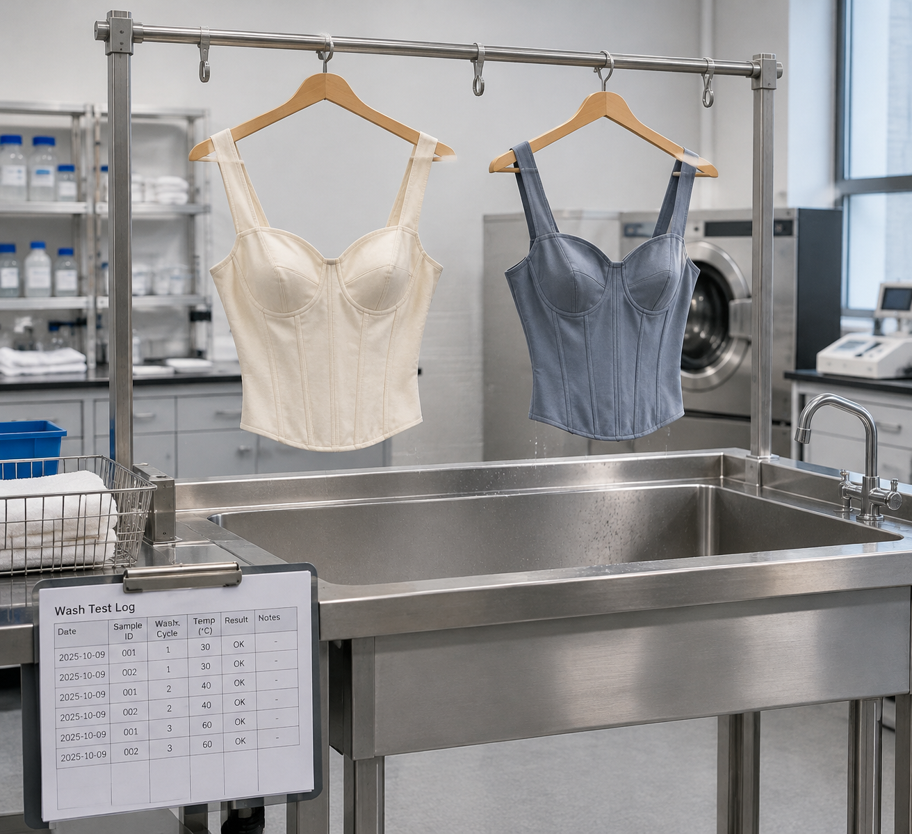 Durability comparison chart plotting wash cycles before channel distortion (20–30 for bustier, 10–15 for corset) and typical replacement interval in months (18–24 for bustier, 24–36 for corset) as a paired bar graphic with care-method icons