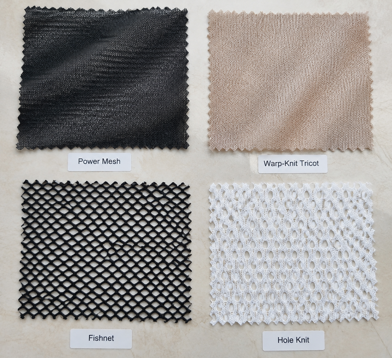 Infographic comparing four mesh knit structures — power mesh, warp-knit tricot, fishnet, and bonded — with weight range in g/m² and typical stretch percentage shown for each