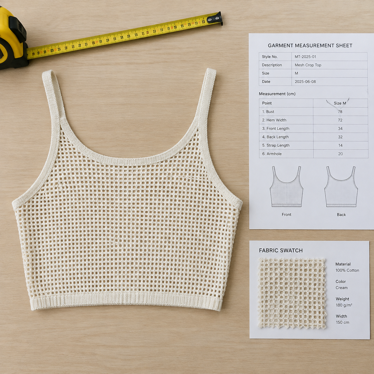 Checklist infographic of the six information categories Orange Sea Clothing needs before quoting a mesh crop top: fabric, construction, fit, color and print, labels and packing, and quantity